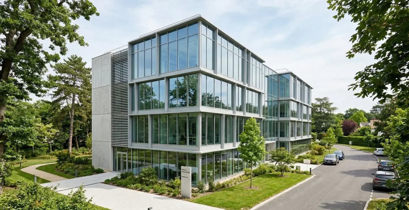 Établissement tertiaire contemporain français en zone périurbaine avec façade vitrée et espaces verts environnants