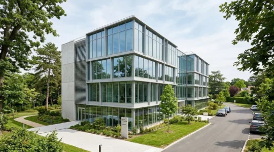 Établissement tertiaire contemporain français en zone périurbaine avec façade vitrée et espaces verts environnants