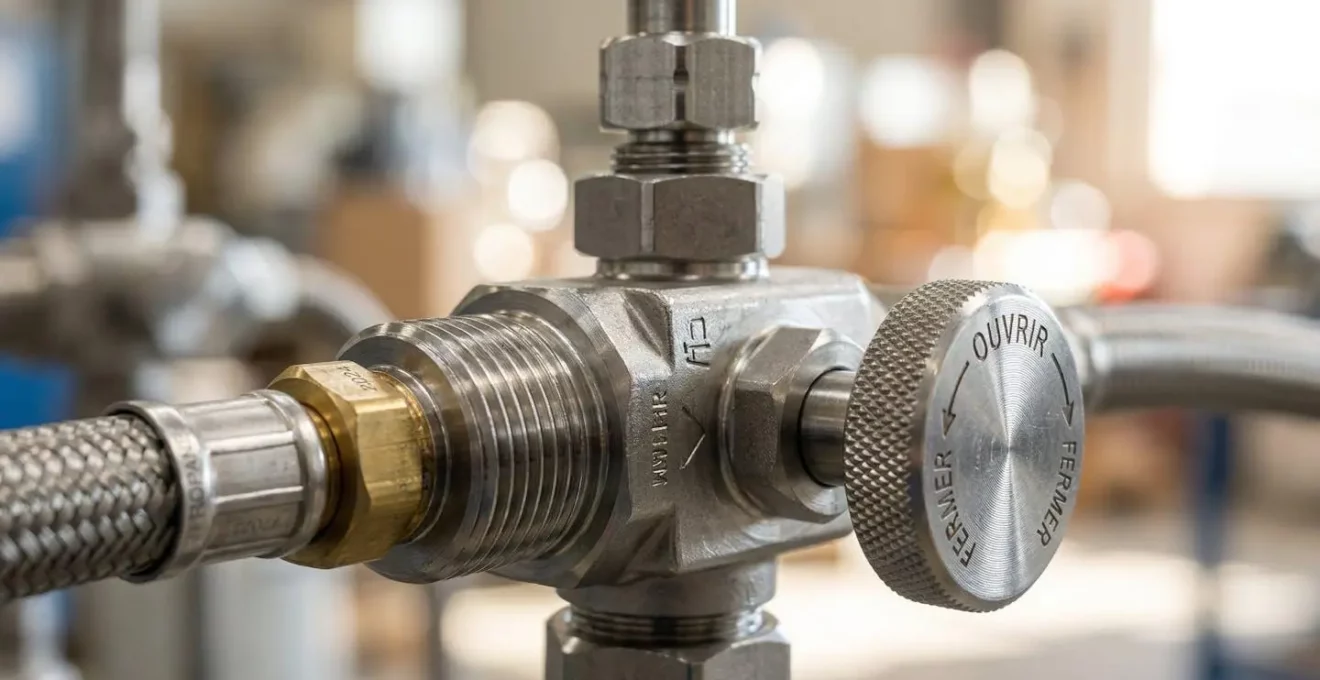 Gros plan sur une vanne de régulation métallique d'une installation de gaz propane avec surface chromée et arrière-plan flouté