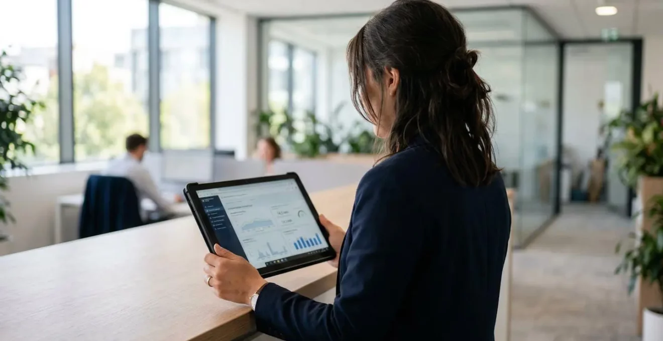 Responsable technique de dos consultant un tableau de bord énergétique sur tablette dans un bureau lumineux moderne