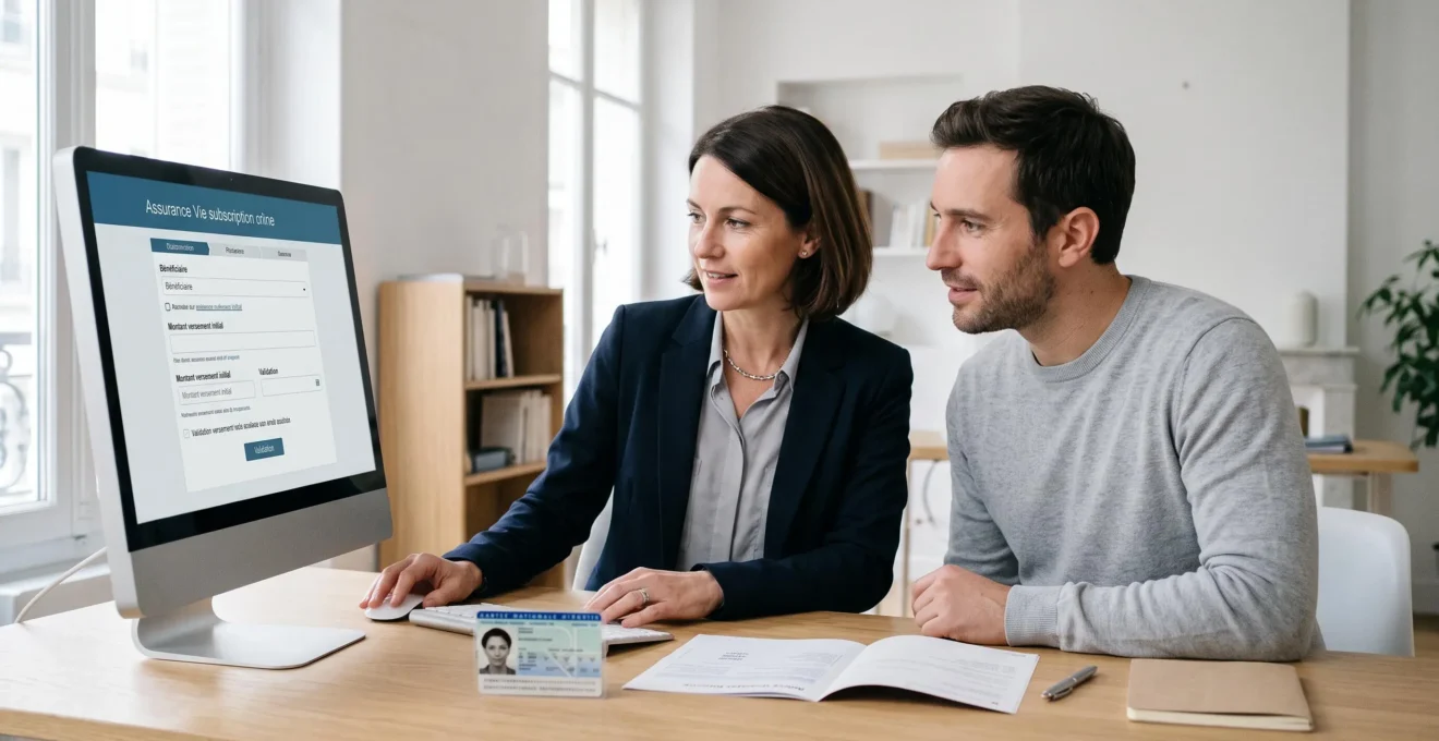 Conseiller financier assistant un client devant un écran affichant une interface de souscription d'assurance vie en français, avec documents d'identité et RIB posés sur un bureau contemporain dans un cadre professionnel épuré