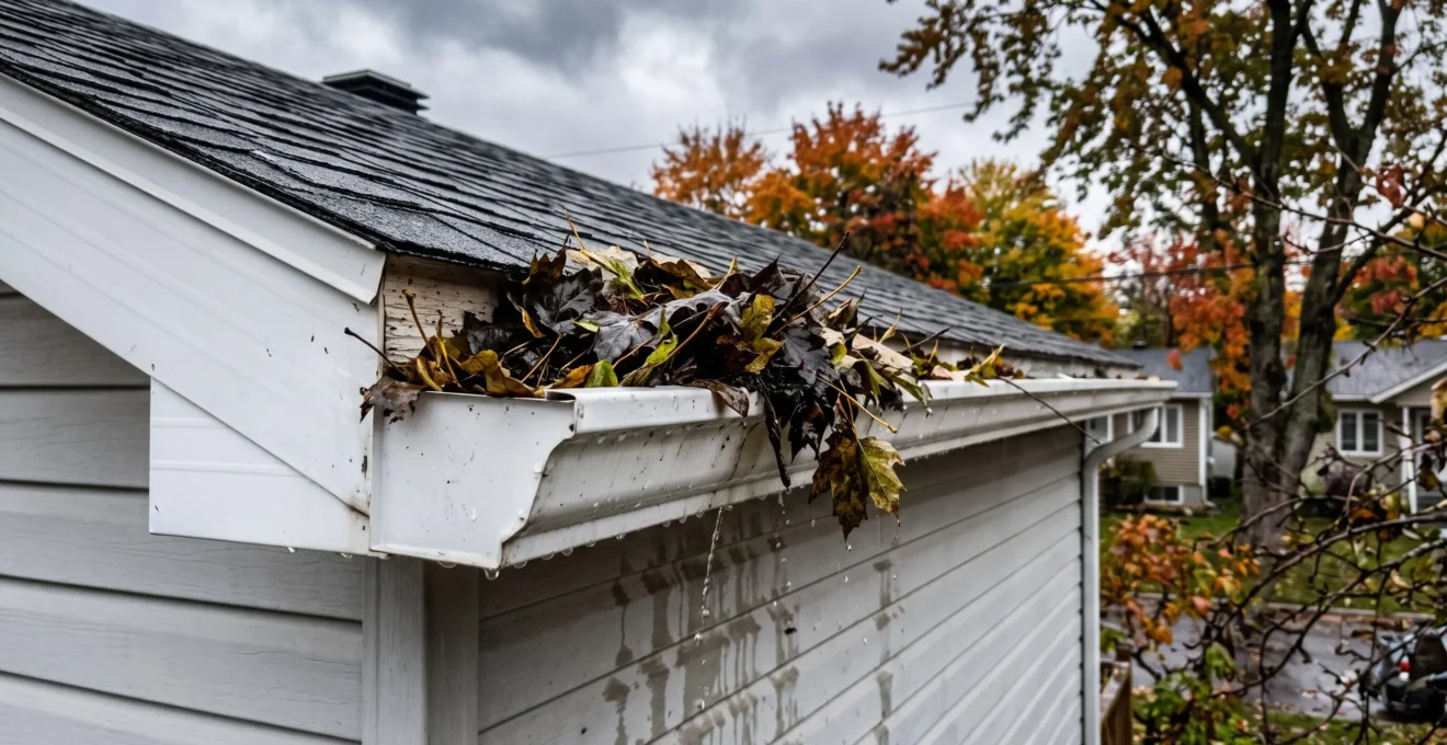 Gouttière résidentielle en aluminium blanc obstruée par des feuilles d'érable mouillées, avec eau de pluie débordant sur le parement d'une maison québécoise en automne