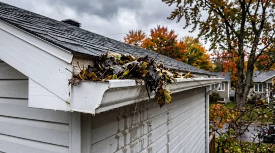 Gouttière résidentielle en aluminium blanc obstruée par des feuilles d'érable mouillées, avec eau de pluie débordant sur le parement d'une maison québécoise en automne