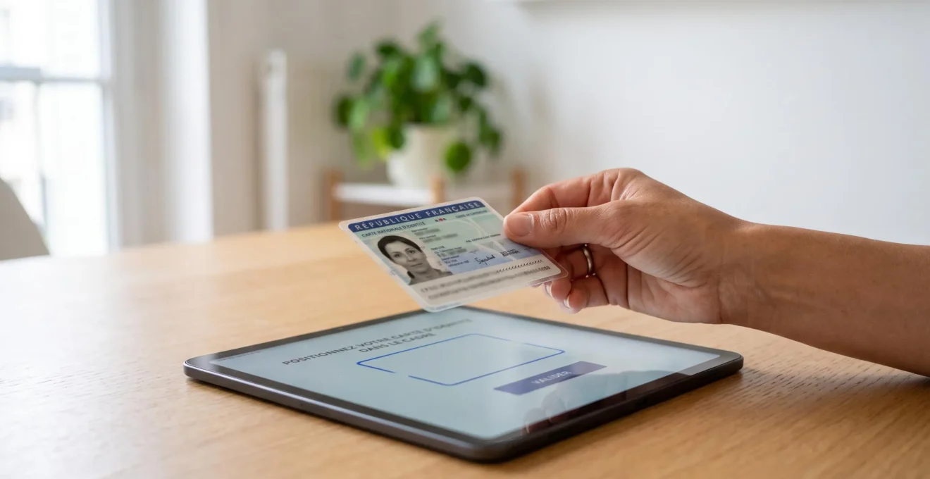 Main tenant une carte d'identité française devant une tablette affichant une interface de vérification d'identité en français lors d'une souscription d'assurance vie en ligne
