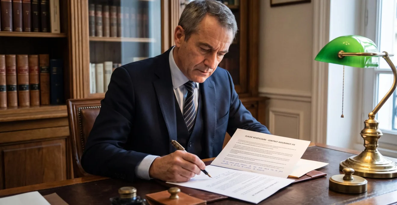 Notaire annotant un document de clause bénéficiaire d'assurance vie dans une étude notariale française, soulignant l'importance du conseil juridique pour ce document déterminant