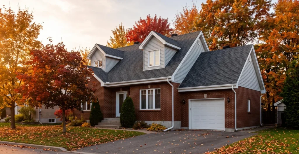 Maison unifamiliale québécoise typique avec toiture en bardeaux d'asphalte et gouttières blanches visibles, photographiée en automne avec feuillage coloré d'érables et lumière dorée