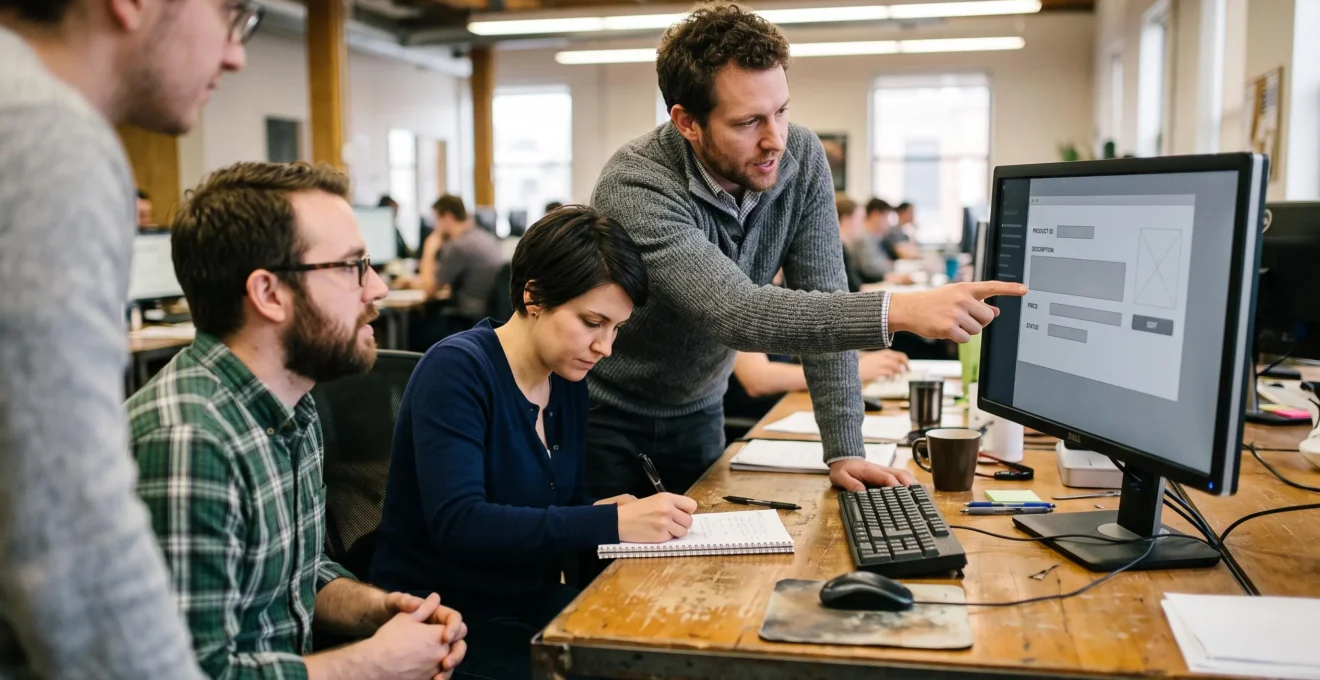 Une responsable produit forme des collaborateurs autour d'un poste de travail avec écran partagé.